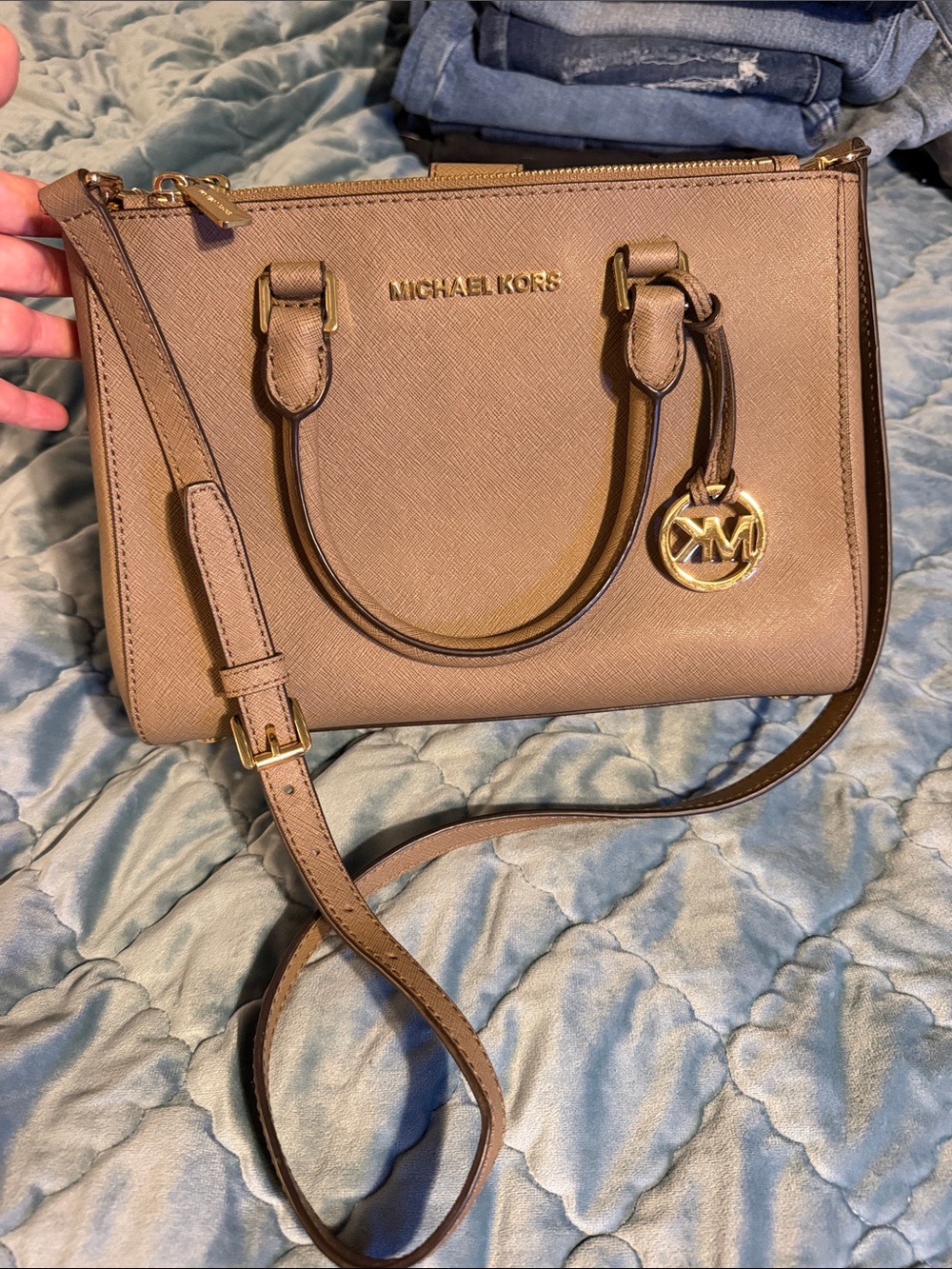 Michael Kors Taupe Saffiano Satchel with Gold Hardware